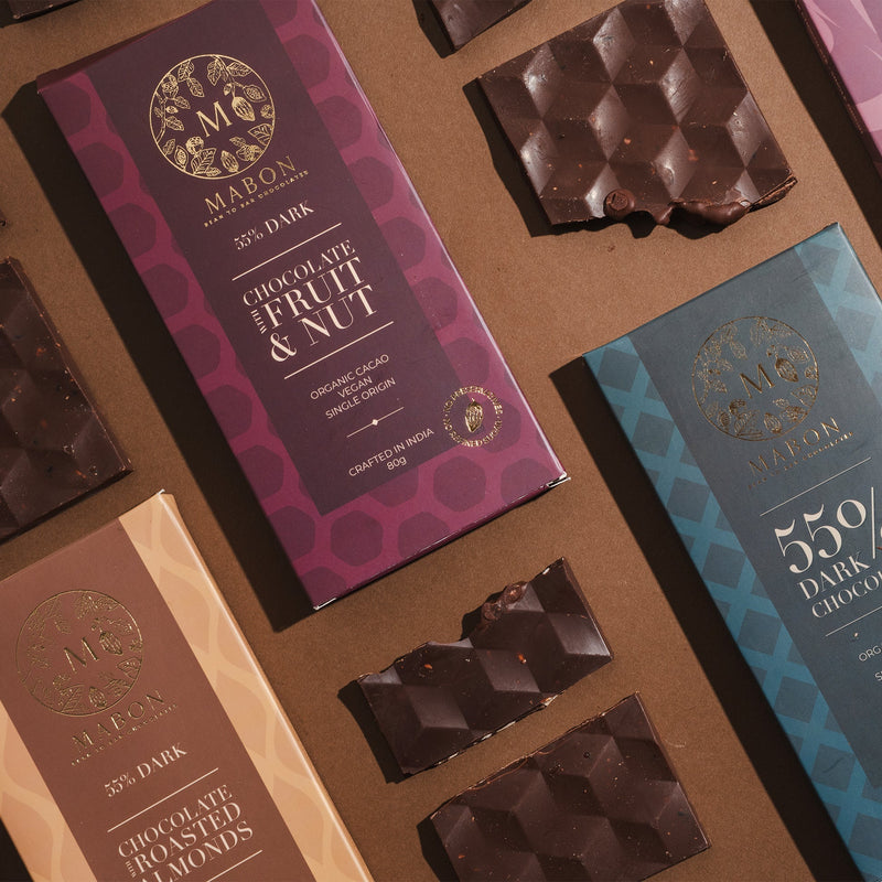 Mabon Chocolate Bars collection — dark, milk, and white chocolate
